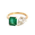 18K Yellow Gold 1.25ctw Diamond Pear and 1.65ctw Emerald 2 stone ring size 6.5