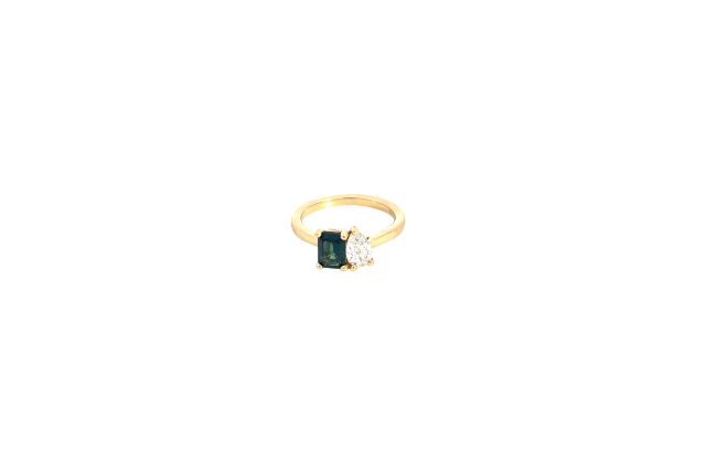 18K Yellow Gold .44ct Diamond Pear shape and Emerald cut Blue/Green Sapphire Ring