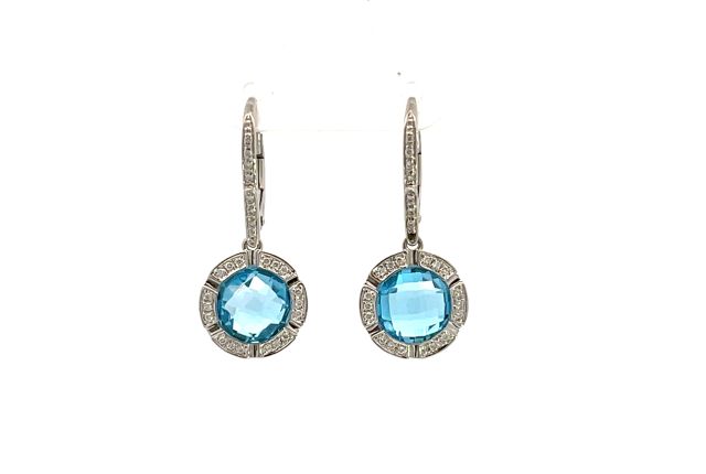 14K White Gold Blue Topaz Halo Drop Earrings with 0.54ctw Diamonds