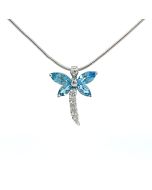18K White Gold 1/5ctw Diamond and Blue Topaz Dragon Fly Necklace