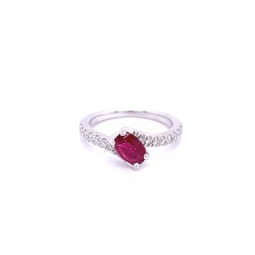 14K White Gold 1/2ctw Diamond and 7/8ct Oval Ruby Ring