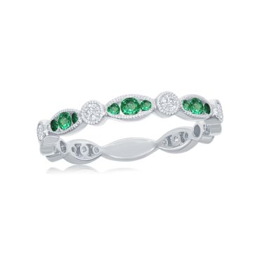 18K White Gold Diamond Band with 0.10ctw Diamonds and 0.14ctw Emeralds