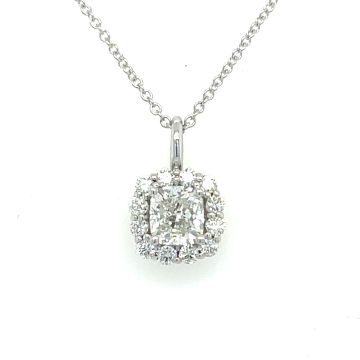 14K White Gold .94ctw Cushion Diamond Halo Pendant