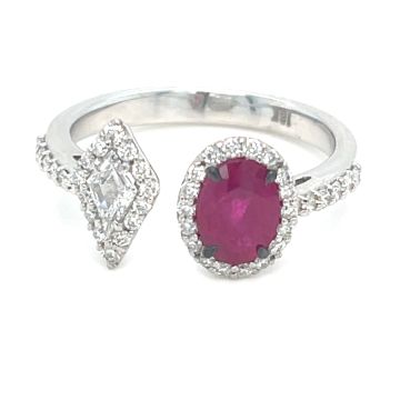 18K White Gold Diamond Bypass Ring with 0.46ctw Diamonds and 0.94ctw Ruby