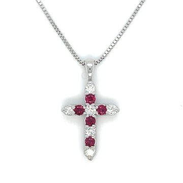 14K White Gold .40ctw Diamond and 0.42ct Ruby Cross Pendant