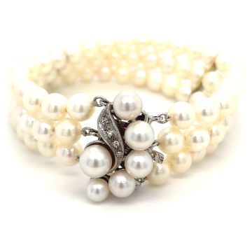 14K White Gold.05ctw Diamond Pearl Strand Bracelet