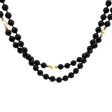 14K Yellow Gold 32" Onyx/Pearl/Gold Bead Necklace
