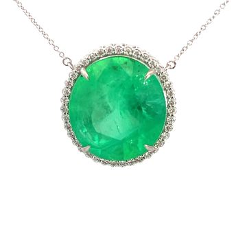 18K White Gold GIA 24.17ct Emerald and 0.48ctw Diamond Pendant