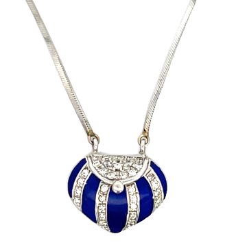 14K White Gold 0.32CTW Diamond & Blue Enamel Bag Pendant