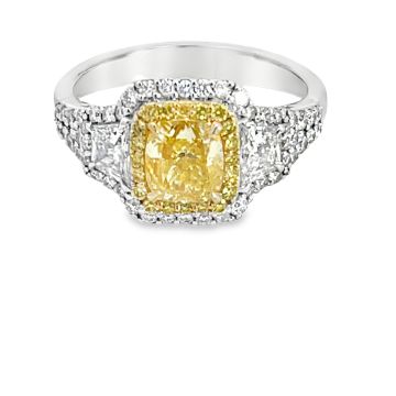 18K White Gold Ring with 1.01ctw Cushion (GIA6441632728) Center and 0.89ctw Yellow and White Diamonds