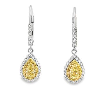 18K Two-Tone Diamond Dangle Earrings with 0.91ctw Pear Shape Diamond 0.48ctw White Diamonds and 0.20ctw Canary Diamonds