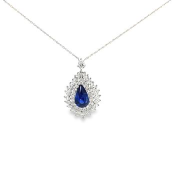 18K White Gold 1.76ctw Pear Shape Sapphire Chain Pendant with 1.51ctw Diamonds