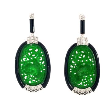 14K White Gold Black Onyx 5/8ctw Diamond Jade Earrings
