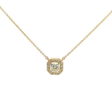 18K Yellow Gold 1.19ctw Diamond Framed Pendant with GIA 5234411816 Radiant 1.01 KSI1 VGVG None and 0.18ctw melee