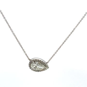 18K White Gold 1.66ctw Diamond Halo Pendant with GIA 5443920680 Pear 1.50 FSI2 VGGD Faint and 0.16ctw melee