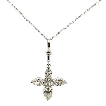 18K White Gold 2.72ctw Diamond Cross Pendant with GIA 2231504636 0.90ct Pear FSI1 EXGD None, GIA 5406158195 0.70ct CU FSI1 EXVG None, GIA 6332303668 0.42ct PS FIF EXVG Faint, GIA 6361290674 0.40ct PS DVS1 EXVG Medium, GIA 7348849210 0.30ct DVS1 VGGD None