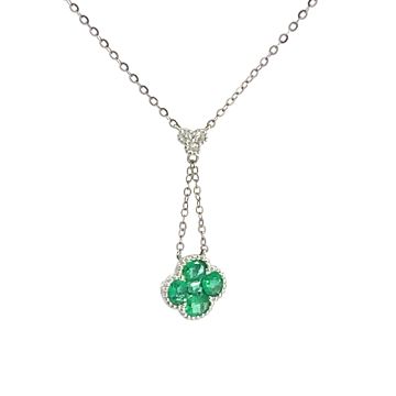 18K White Gold Necklace with 0.07ctw Diamonds and 0.85ctw Emeralds