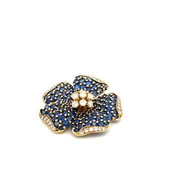18K Yellow Gold 1 1/2ctw Diamond and Sapphire Flower Brooch