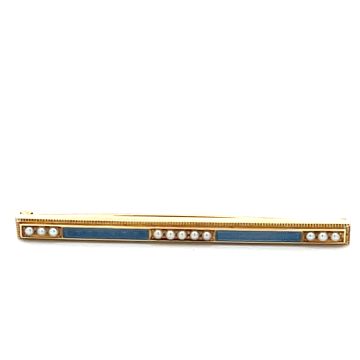 14K Yellow Gold blue Enamel and Pearl Pin