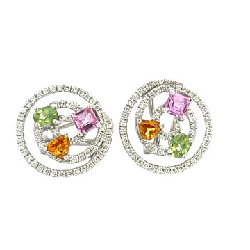 14K White Gold 1.64ctw Multi Sapphire and 0.39ctw Diamond Earrings