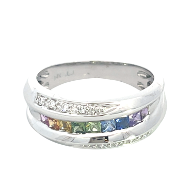 14K White Gold 0.62ctw Multi Sapphire and 0.05ctw Diamond Ring