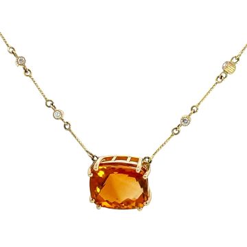 14K Yellow Gold Cushion Shape Citrine Necklace with 0.23ctw Diamonds