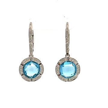 14K White Gold Blue Topaz Halo Drop Earrings with 0.54ctw Diamonds