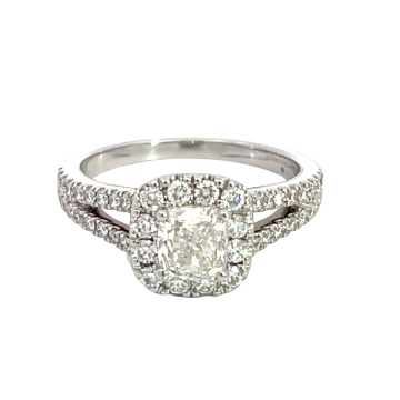 14K White Gold 1 5/8ctw diamond Halo Engagement Ring with cushion .96ct Center