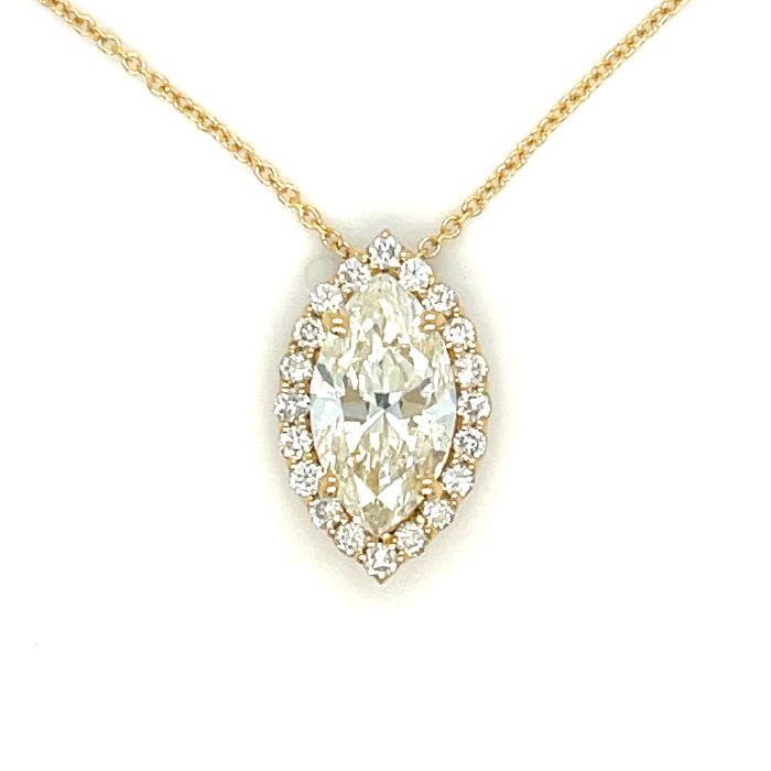 18K Yellow Gold GIA 2235446269 Marquise 2.02 KI1 VGVG None and 0.35ctw Marquise Diamond Halo Pendant 18K Yellow Gold GIA 2235446269 Marquise 2.02 KI1 VGVG None and 0.35ctw Marquise Diamond Halo Pendant