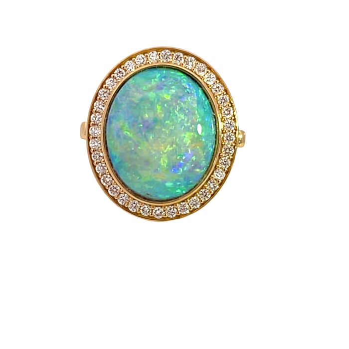 18K Yellow Gold 8.54ctw Opal and 0.49ctw Diamond Bezel Ring 18K Yellow Gold 8.54ctw Opal and 0.49ctw Diamond Bezel Ring