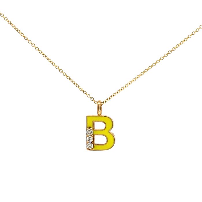 14K Yellow Gold Capital Letter Yellow Enamel Initial "B" Pendant with .09ctw Diamonds 14K Yellow Gold Capital Letter Yellow Enamel Initial "B" Pendant with .09ctw Diamonds